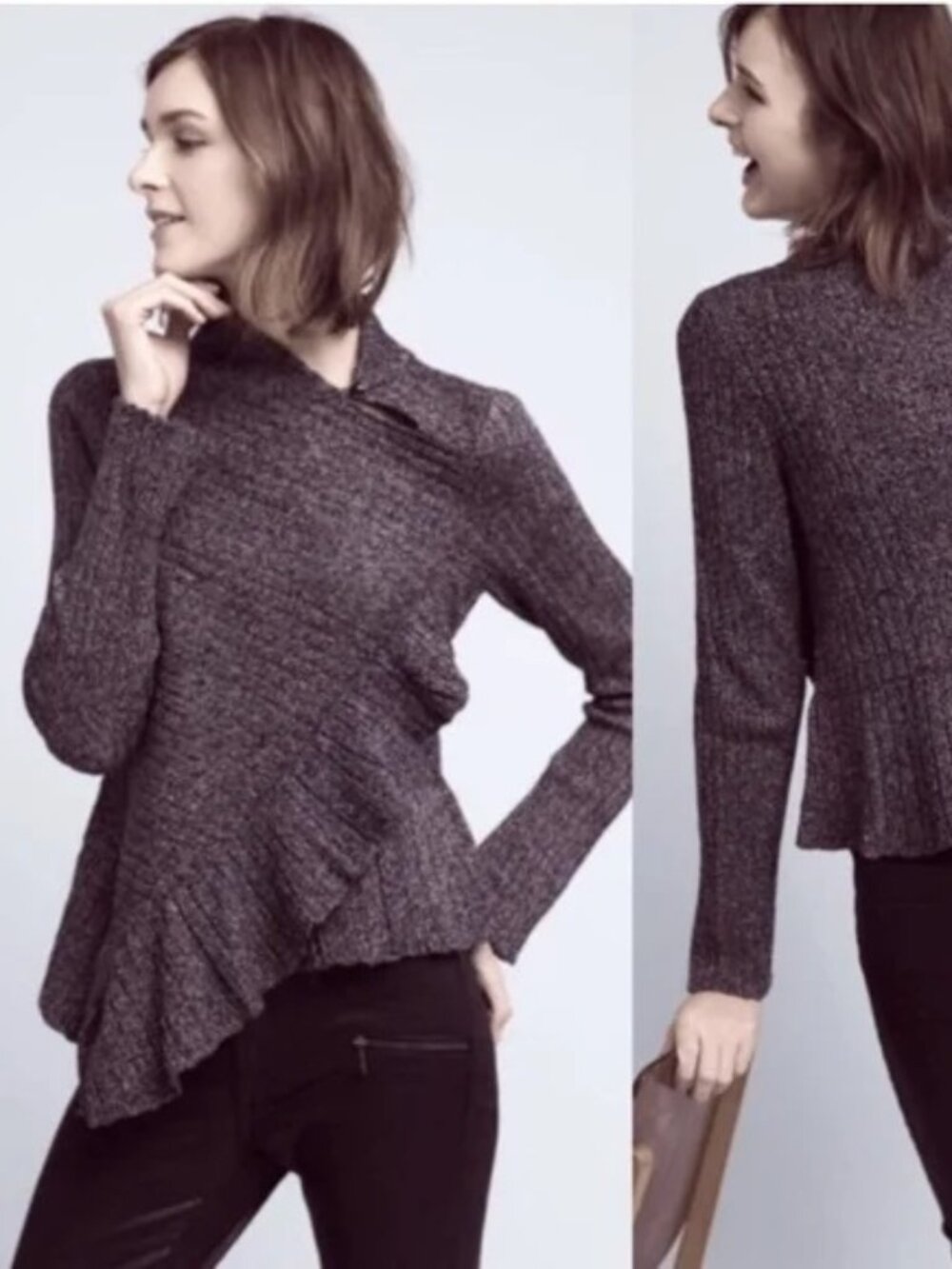 Anthropologie Knitted & Knotted Sweater Size L Asymmetrical Ruffle Wool Blend